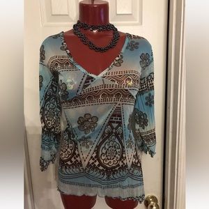 RB Womens S/S Semi Sheer Top/Blouse V-neck Boho Floral Print - Size S - Stretch